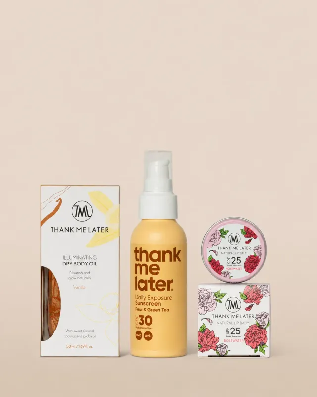 Thank Me Later Ready Set Go zonneset SPF30 lotion olie lipbalm