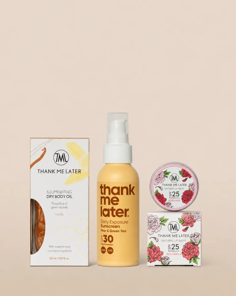 Thank Me Later Ready Set Go zonneset SPF30 lotion olie lipbalm