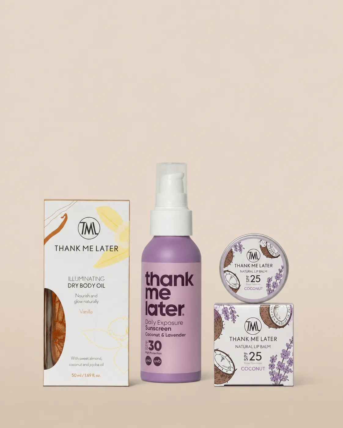 Thank Me Later Ready Set Go zonneset SPF30 lotion olie lipbalm