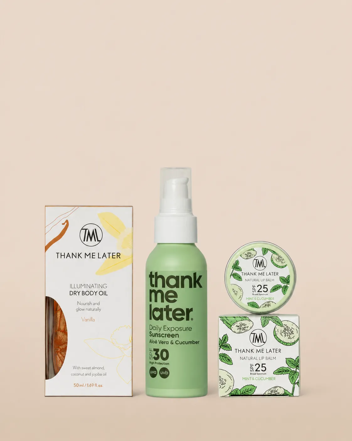 Thank Me Later Ready Set Go zonneset SPF30 lotion olie lipbalm